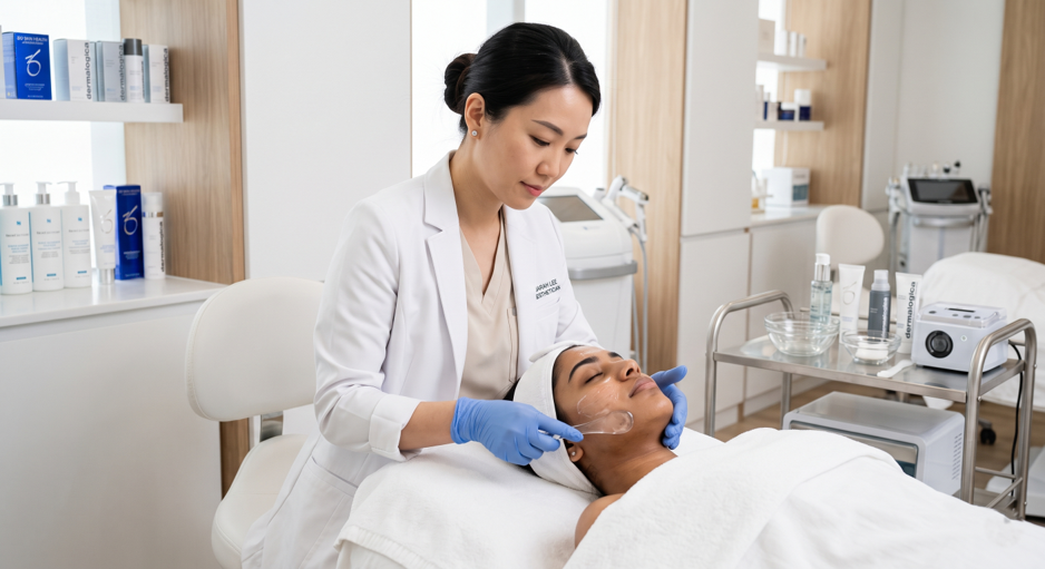 Esthetician applying a professional facial treatment for acne and pimples in a clinic