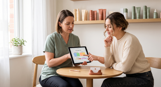Skincare consultant reviewing treatment options with a client before an advanced facial treatment