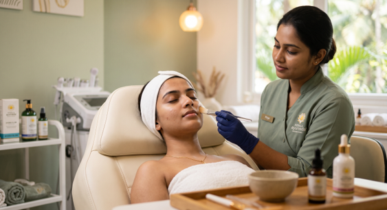 Esthetician applying an advanced facial treatment serum to a client's skin at a Kerala aesthetic clinic