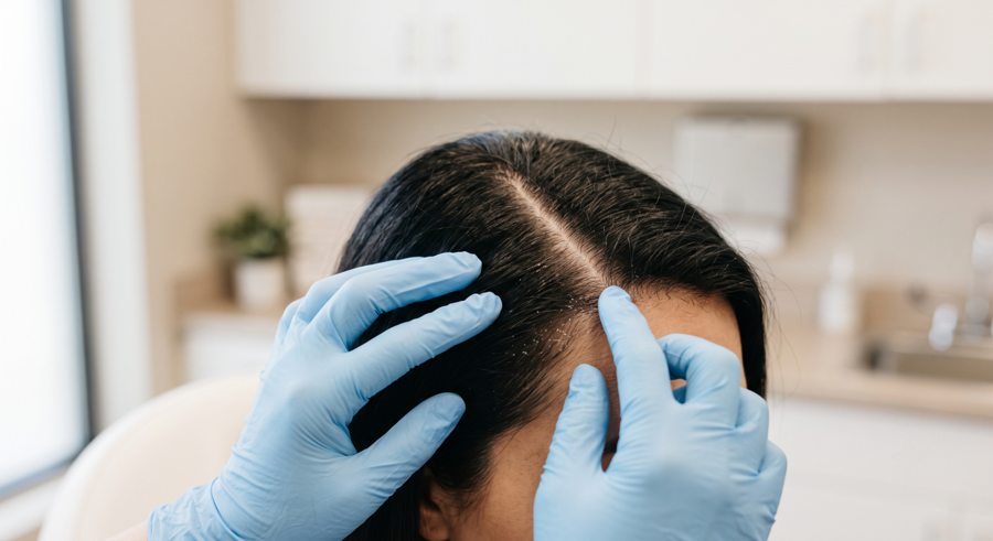 Close-up examination of a scalp showing dandruff flakes along the hairline at a hair and skin clinic