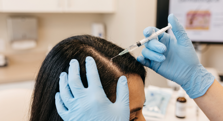Dermatologist applying a targeted scalp treatment serum during a dandruff treatment session
