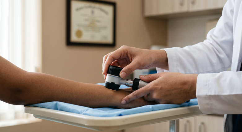 Close-up of a dermatologist's hands with examination tools, symbolizing expertise at a trusted Tirur clinic