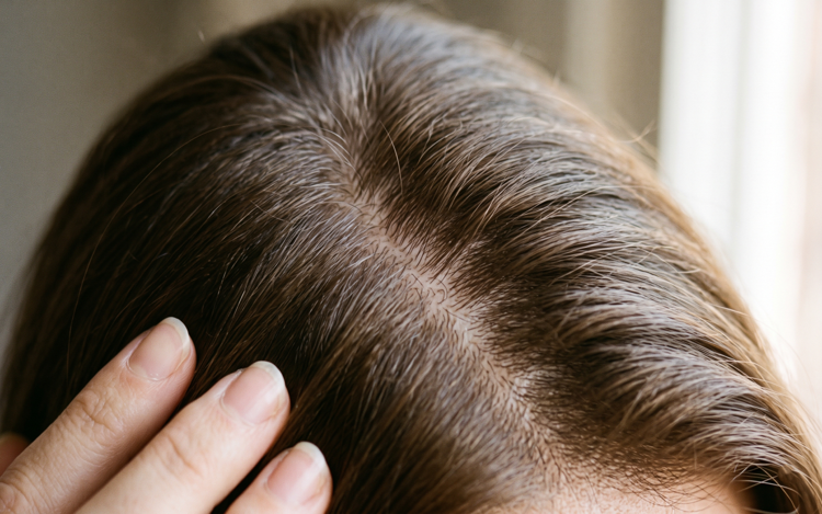 Close-up of a scalp part being examined for flaking and irritation linked to Kerala's humid climate